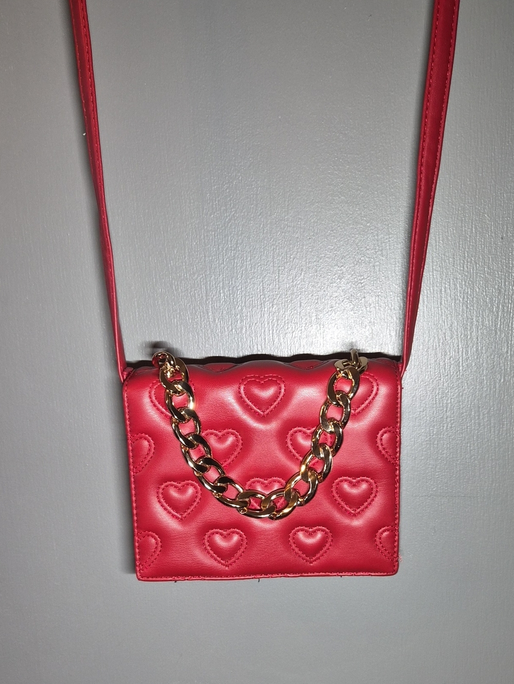 Red Quilted Heart Crossbody Bag with Gold Chain